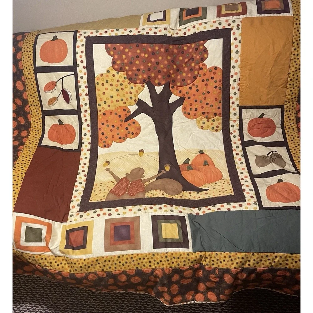 Autumn Quilt Blanket Quilted Wall Hanging Fall Tree Pumpkin Squirrel 52